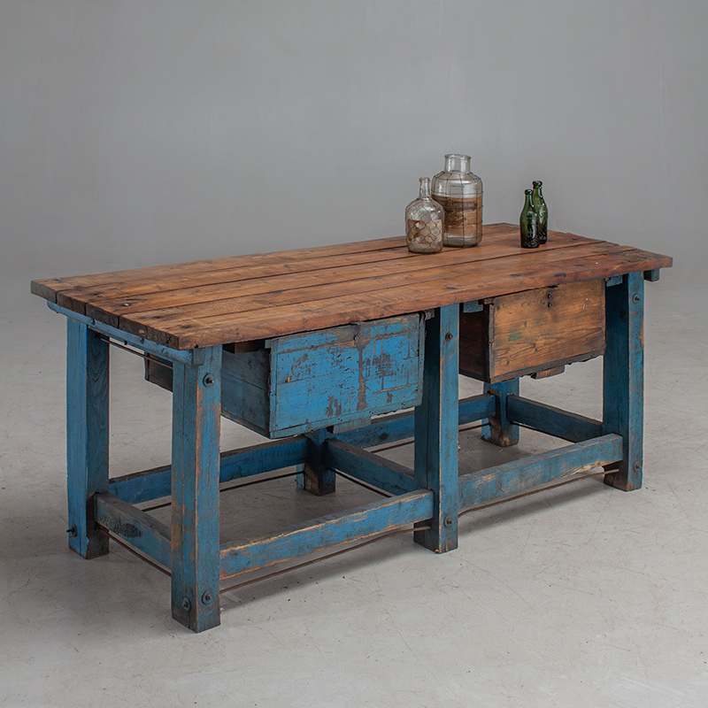 French vintage workbench with stirking blue patina